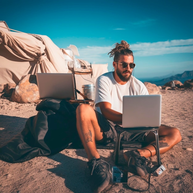 Digital nomad Columbia computer backpack travel guy man working remotely remote online work job