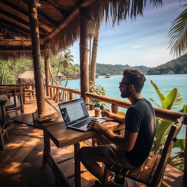 Digital nomad in a cozy cafe in thailand