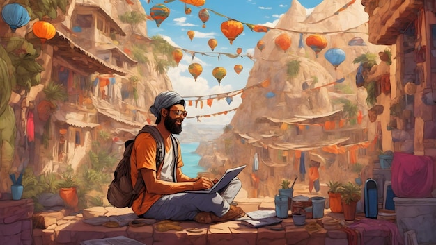 A digital nomad in a foreign land surrounded by a kaleidoscope of cultures and customs illustration
