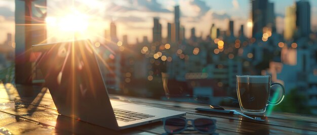 Photo digital nomad laptop freedom working in modern cityscape blending work and travel 3d render golden hour depth of field bokeh effect fisheye lens view