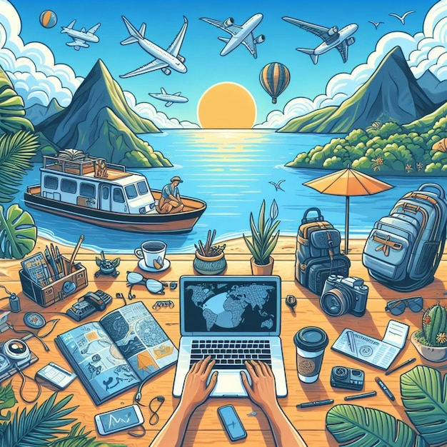 Digital Nomad Life Showcase the digital nomad lifestyle with images of remote work setups travel