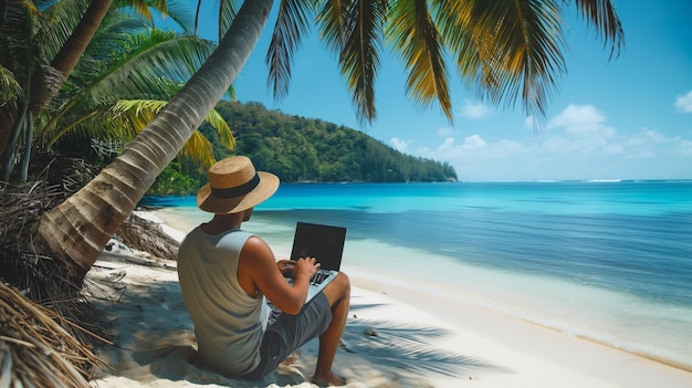 Digital Nomad Lifestyle Freelancer werkt op afstand op een laptop vanuit Tropical Beach Paradise