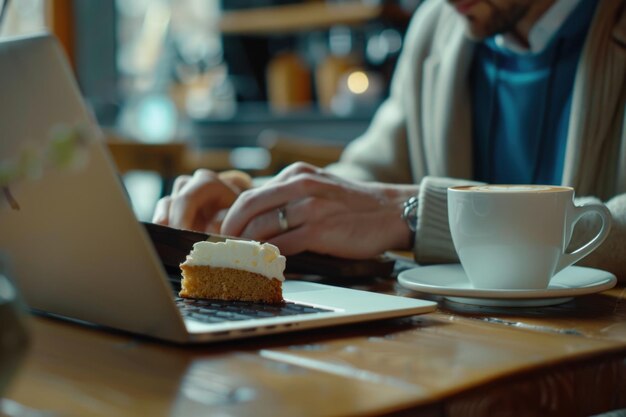 Photo digital nomad multitasking at cafe with laptop coffee and cake