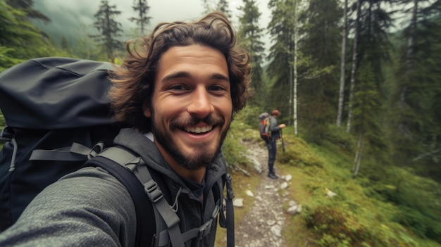 Digital nomad Photo vlogger Travel blogger trekking and filming in destination forest taking selfie