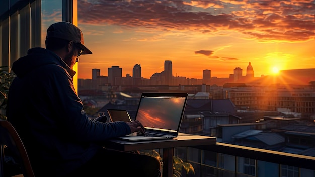 of Digital nomad silhouette against a vibr remote work security