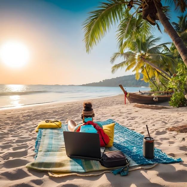 A digital nomad sitting on a picturesque beach with a laptop in hand working away the warm sand is