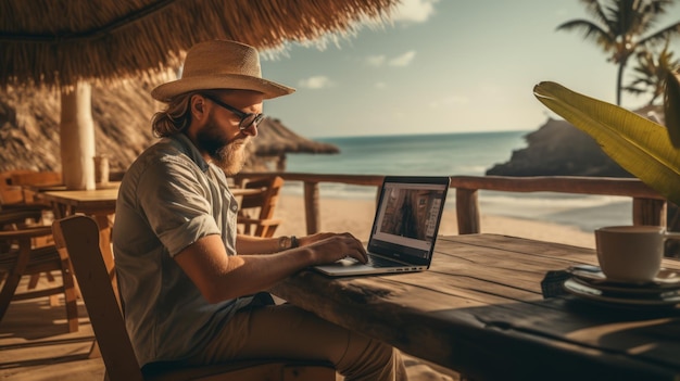 Цифровой кочевник, работающий на пляже с ноутбуком