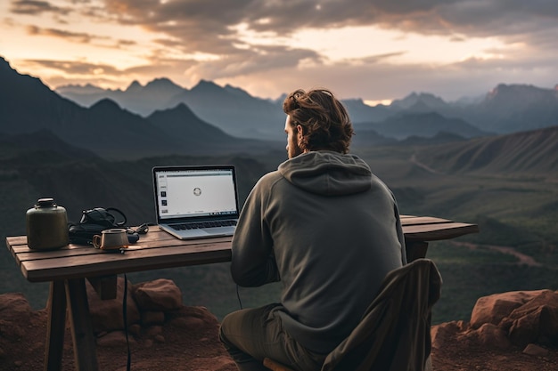 Digital nomad working on a laptop with a breathtaking mountain view created with Generative AI