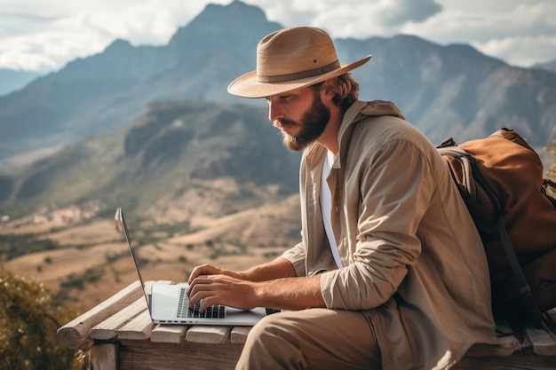 Digital nomad working on a laptop with a breathtaking mountain view created with Generative AI