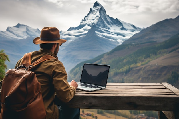 Foto nomade digitale che lavora su un laptop con una vista mozzafiato sulle montagne creata con l'intelligenza artificiale generativa