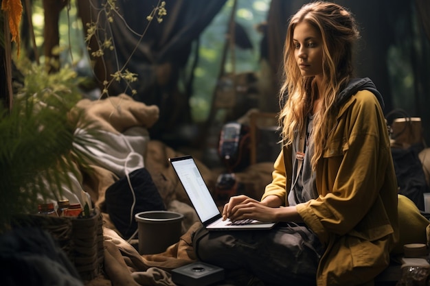Digital nomad working in the middle of forest created with generative ai