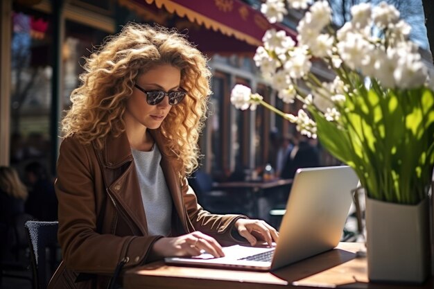 Digital nomad working remotely at a cozy canalside cafe in Amsterdam