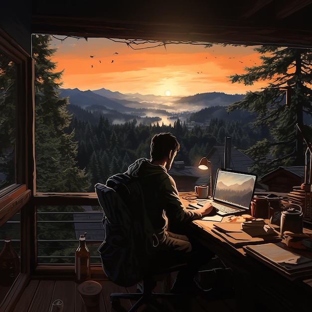 Digital nomad working at sunset illustration