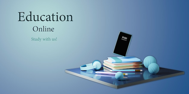 Digital online education. 3d rendering of mobile phone and books on blue wall.