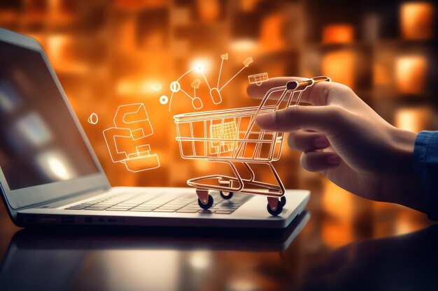 Digital online marketing commerce sale shopping cart on laptop generative ai