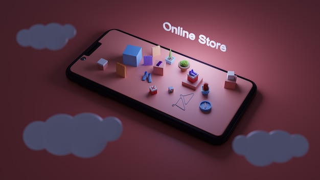 Digital online store, isometric smartphone image top view