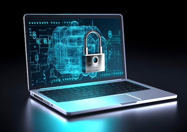 사이버 보안 및 데이터 보호 iso의 개념으로 노트북 컴퓨터 앞에 있는 디지털 자물쇠