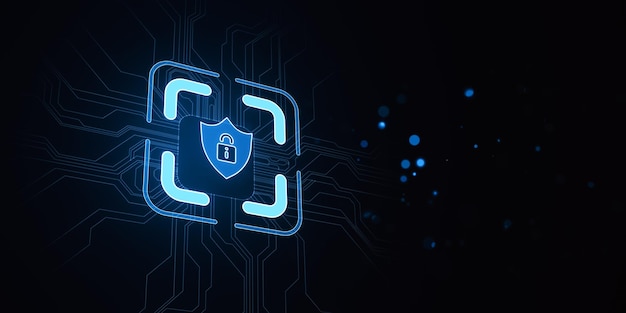 Digital padlock icon on a blue circuit board pattern symbolizing cyber security concept on a dark background 3D Rendering