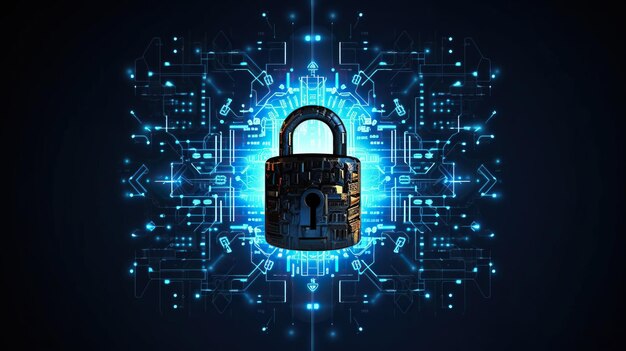Digital padlock with virtual screen on dark background with copy space
