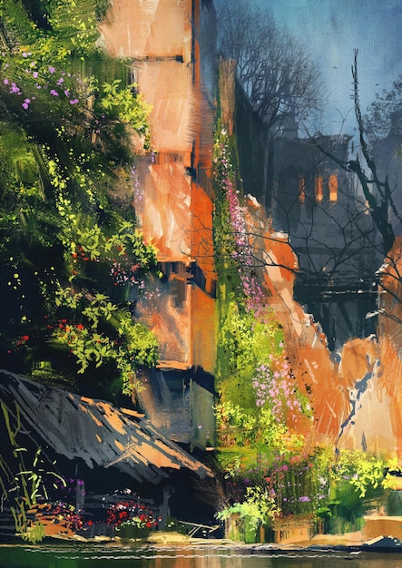 digital painting of abandoned building covered with vegetation