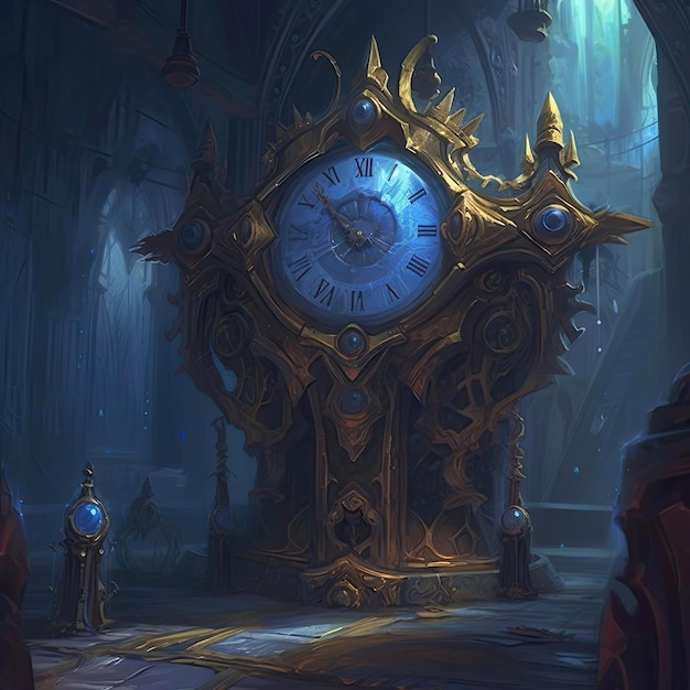 Digital painting of an ancient clock in a gothic interior