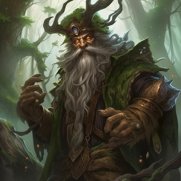 A digital painting of a ancient druid in a forest