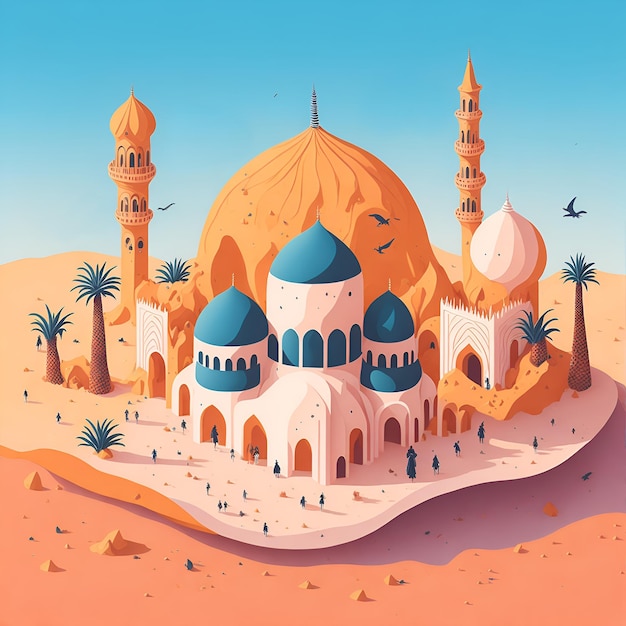 Digital painting of arabic villages and towns for muslim celebration day background illustration