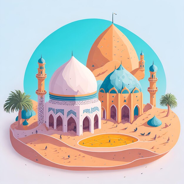 Digital painting of arabic villages and towns for muslim celebration day background illustration