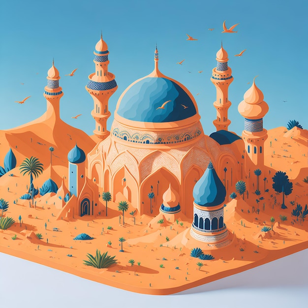 Digital painting of arabic villages and towns for muslim celebration day background illustration