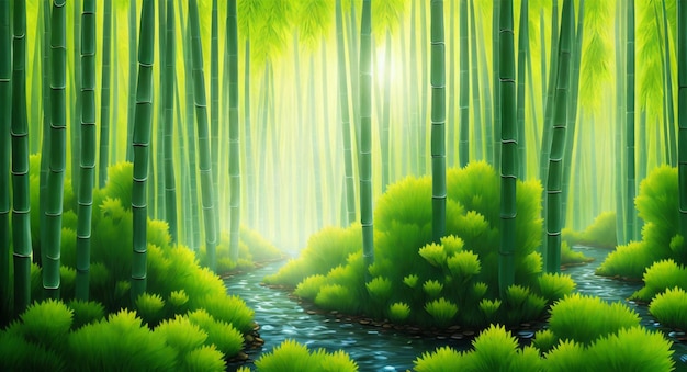 A digital painting of a bamboo forest with a river in the foreground and a green forest