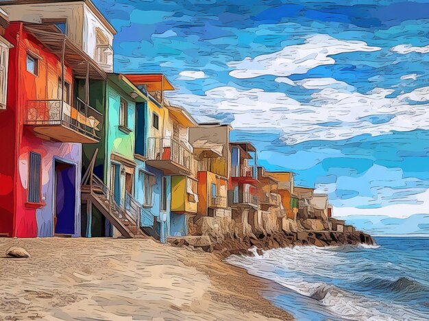 A digital painting of a beach scene with colorful houses on the beach.