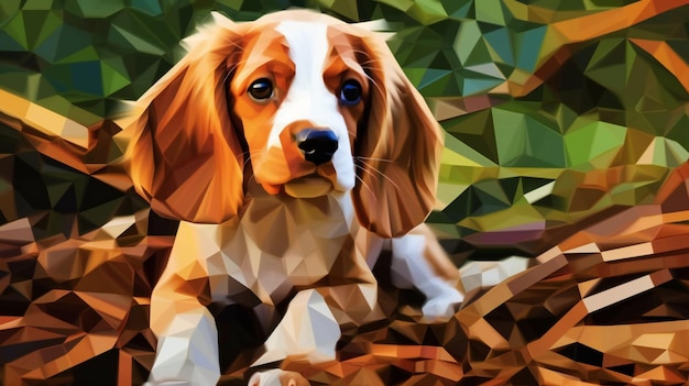 Digital painting of a Beagle dog sitting in low poly background