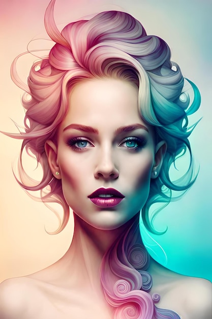 아름다움 파스텔 색상의 화려한 페인트로 아름다운 소녀의 디지털 그림