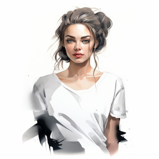 Digital Painting Of A Beautiful Woman In A White Shirt