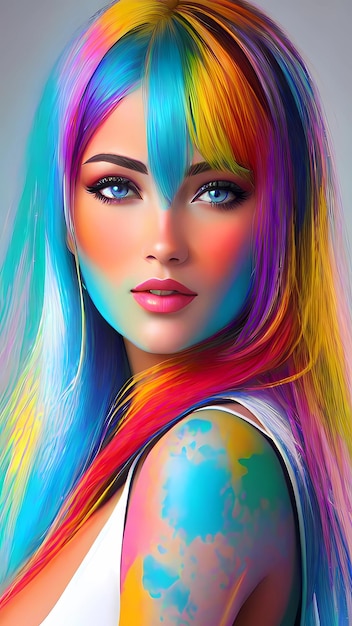 A digital painting of a beautiful woman with colorful hair