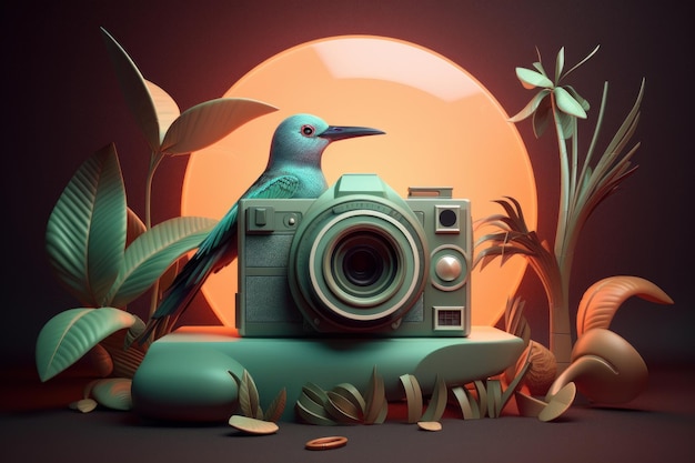 A digital painting of a bird on a camera