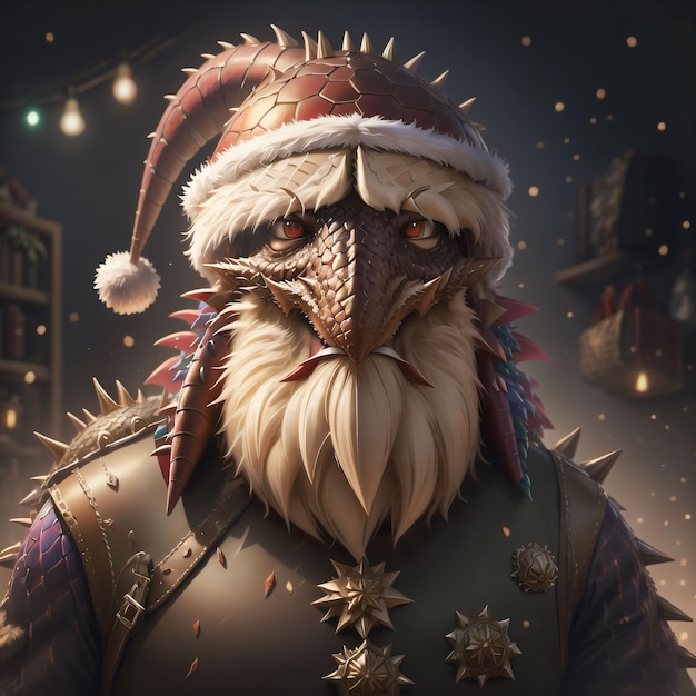 A digital painting of a bird wearing a santa hat