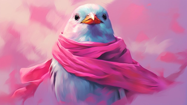 A digital painting of a bird with a pink scarf on