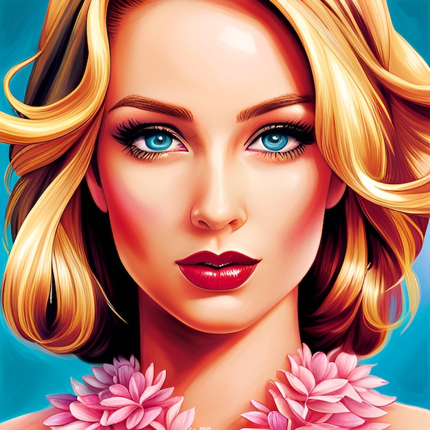 digital painting of a blonde woman with blue eyes with barbie features