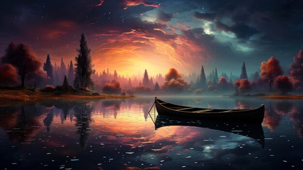 Photo digital painting of a boat on a lake under a starry night sky