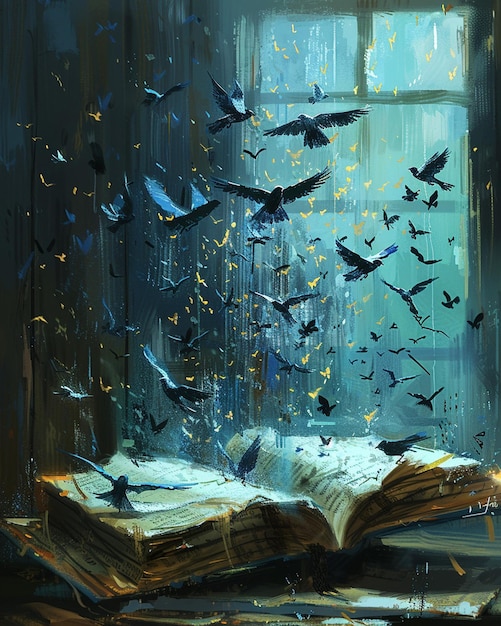 Photo a digital painting of a book open to a page where the words transform into birds
