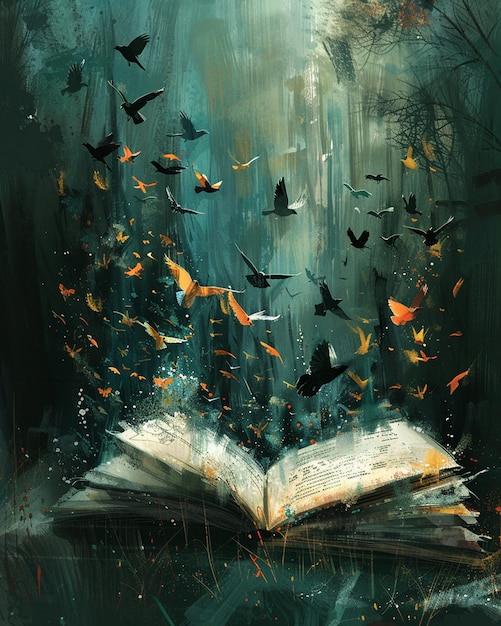 Photo a digital painting of a book open to a page where the words transform into birds