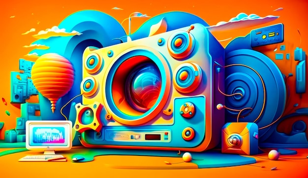 Digital painting of boombox and speakers on yellow background with blue and orange colors generative ai