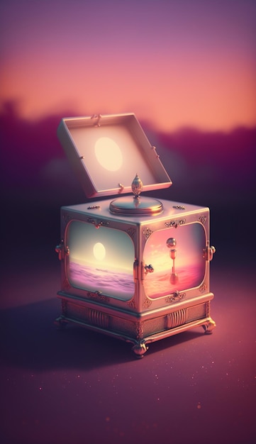 A digital painting of a box with a moon on it