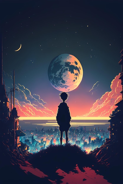 Digital painting of a boy standing alone on a cliff looking at the city at night