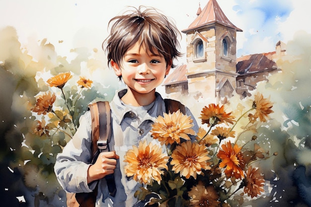 Digital painting of a boy with a backpack in front of a castle watercolor style