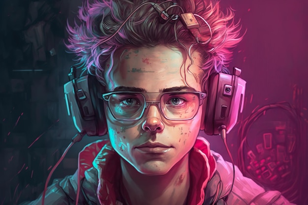 A digital painting of a boy with glasses and a neon light.