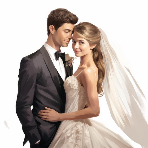 Digital Painting Of Bride And Groom Realistic Wedding Portrait