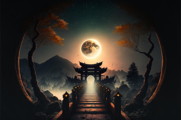 A digital painting of a bridge with a moon in the background