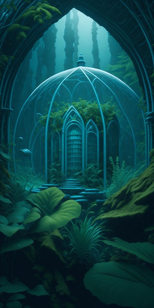 A digital painting of a building surrounded by plants and a fish.